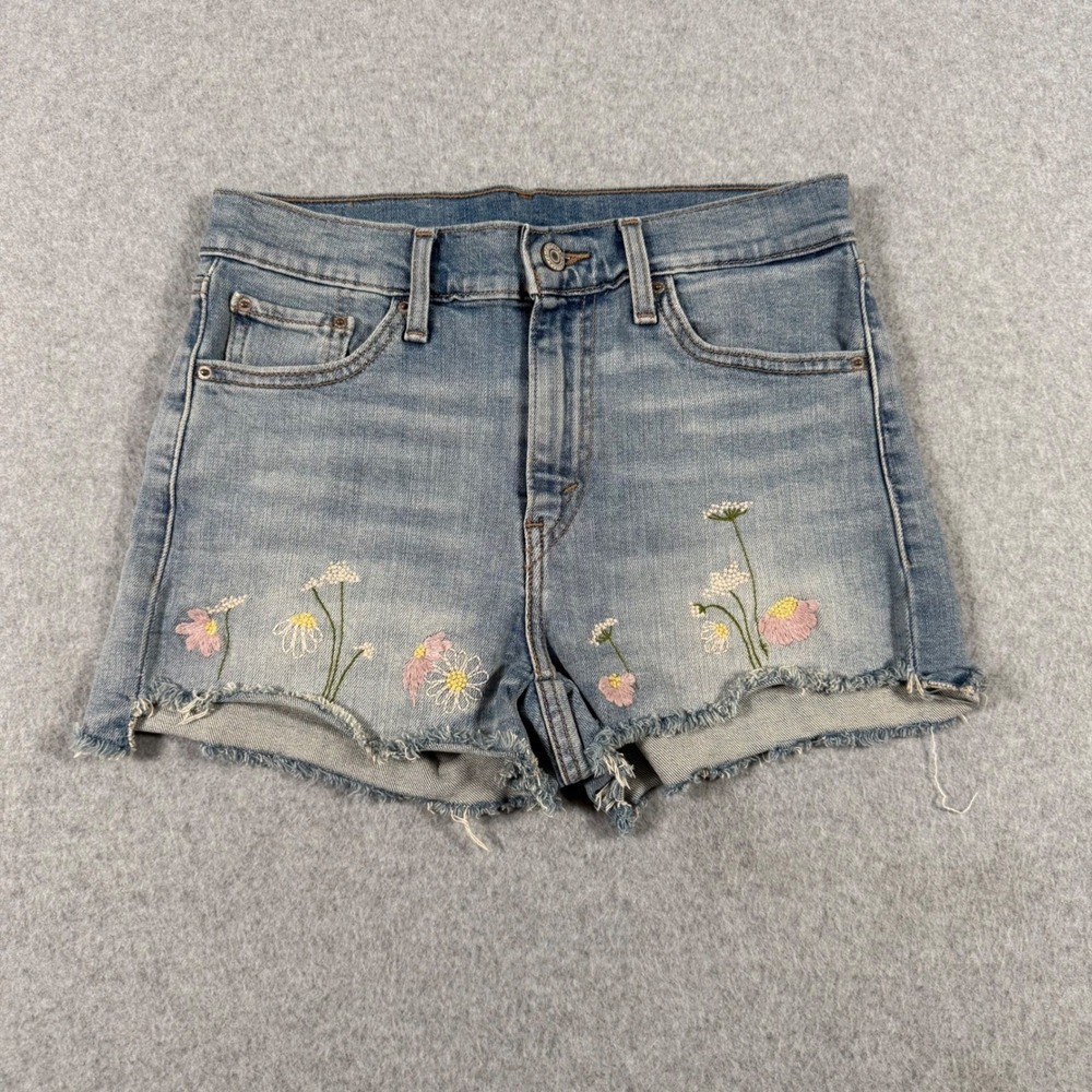 Levis Womens Floral Embroidered Denim Cut Off Shorts Light Wash Blue Size 27